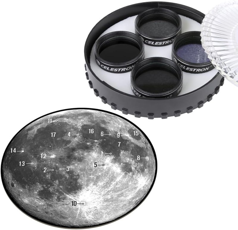 Celestron طقم فلتر القمر - يناسب عدسات التلسكوب 1.25 بوصة - يتضمن 4 فلاتر كثافة محايدة وفلاتر توهج السماء بالإضافة إلى خريطة القمر - ملحق مثالي للمبتدئين في علم الفلك - Image 1