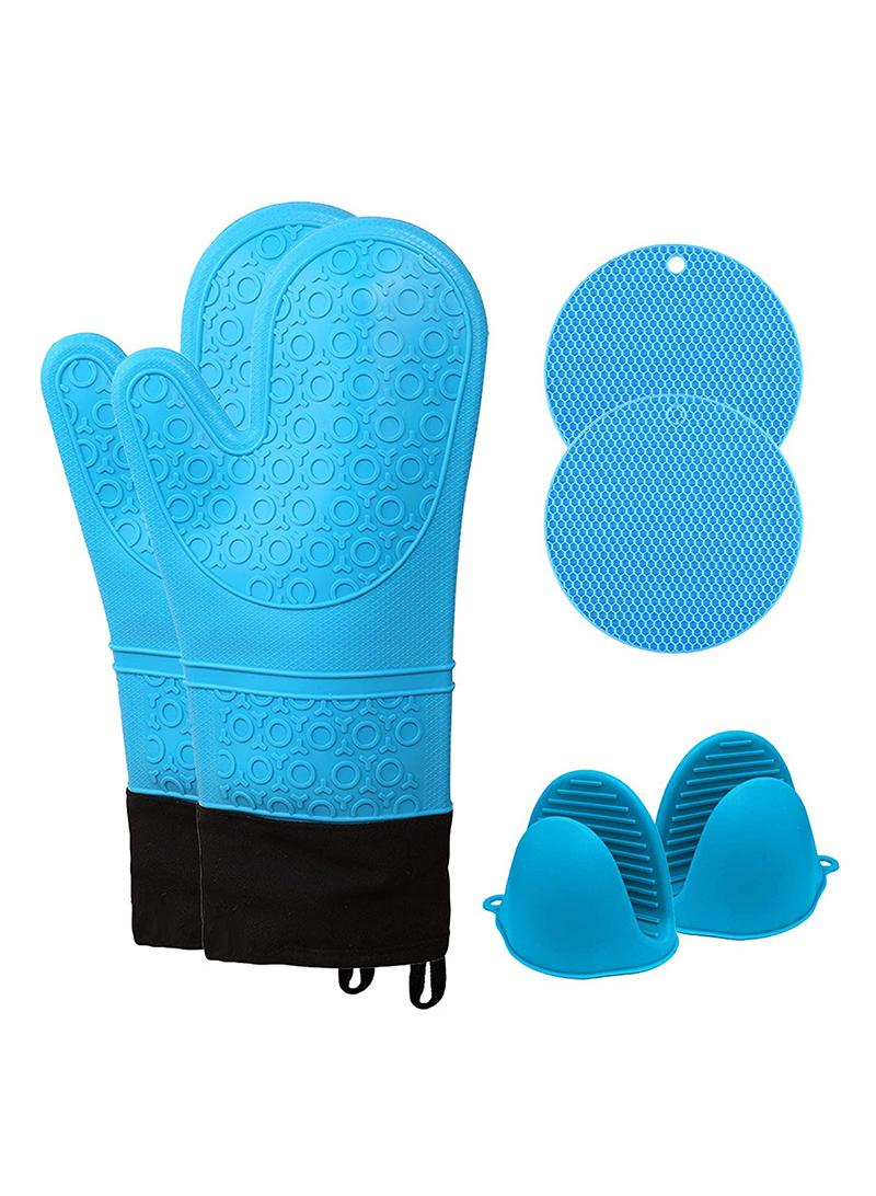 Silicone Oven Mitts and Pot Holders Set, Heat Resistant Mittens with Mini Gloves Hot Pads, for Kitchen Baking Cooking, Quilted Liner, Black,Pack of 6  - Image 1