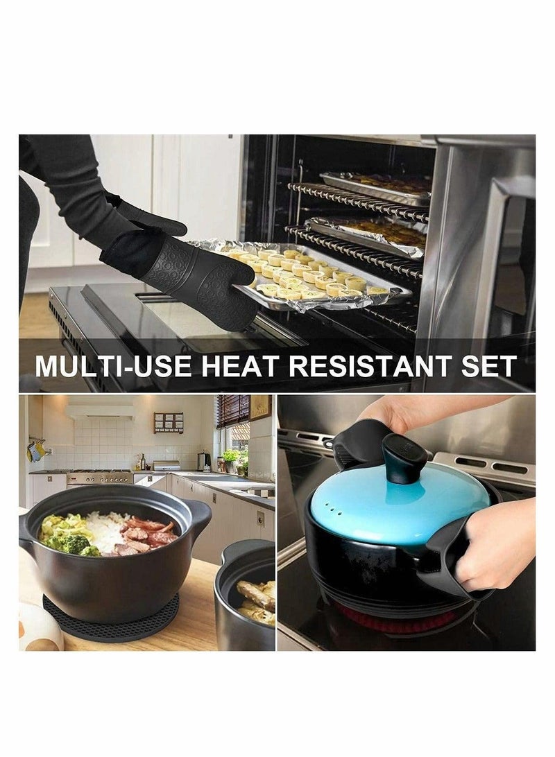Silicone Oven Mitts and Pot Holders Set, Heat Resistant Mittens with Mini Gloves Hot Pads, for Kitchen Baking Cooking, Quilted Liner, Black,Pack of 6  - Image 3