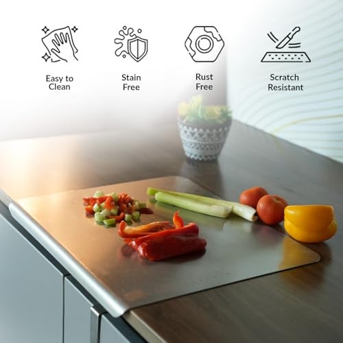 URBANFIX Stainless Steel Chopping Board with Lip for Kitchen| Non Slip Rust Proof Counter top| Easy to use| Round Edge| for Cutting Vegetables, Meat,Fish,Fruits | Medium | 35 x 30 cm - Image 5