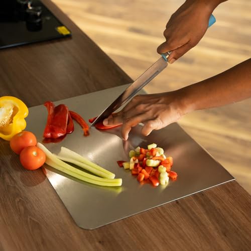 URBANFIX Stainless Steel Chopping Board with Lip for Kitchen| Non Slip Rust Proof Counter top| Easy to use| Round Edge| for Cutting Vegetables, Meat,Fish,Fruits | Medium | 35 x 30 cm - Image 3