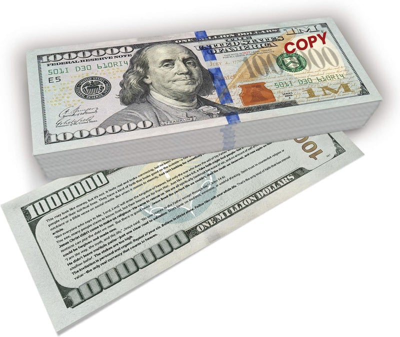 Zadin 100PACK Million Dollar Bill Gospel Tracts for Christian, Evangelism, Halloween, Bible Salvation Tracts, Gospel Zero, Church Visitor Cards 100 PCS - Image 1