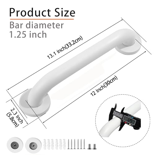 Rackickyer Shower Grab Bar, 2 Pack 12 Inch White Bathroom Grab Bar, 1.25" Diameter 304 Stainless Steel Anti-Slip Grab Bars for Bathtubs and Showers, Handicap Shower Grab Bar for Seniors Elderly - Image 2