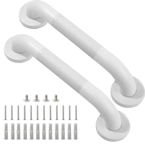 Rackickyer Shower Grab Bar, 2 Pack 12 Inch White Bathroom Grab Bar, 1.25" Diameter 304 Stainless Steel Anti-Slip Grab Bars for Bathtubs and Showers, Handicap Shower Grab Bar for Seniors Elderly - Image 1