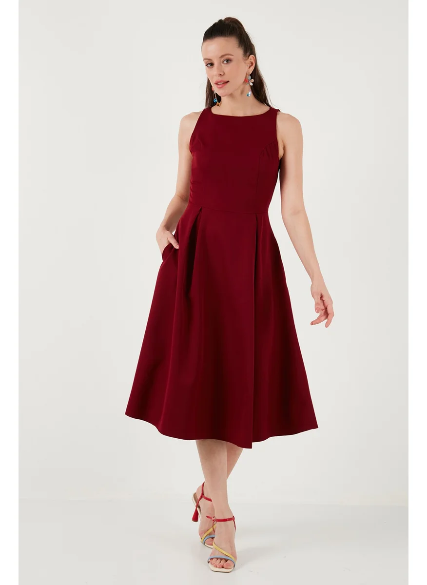 ليلا Crew Neck Regular Fit Pocket Pleated Midi Dress Women's Dress 6051963