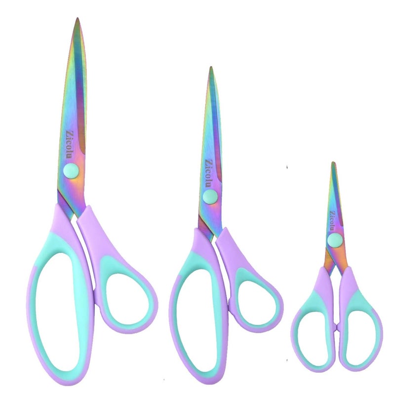 Zicolu Craft Scissors Set of 3 pack, Sharp Rainbow Titanium Coating All Purpose Scissors, Ergonomic Semi-Soft Rubber Grip, Suitable for School, Office and Household Use, 9.2''/8.5''/5.6" - Image 1