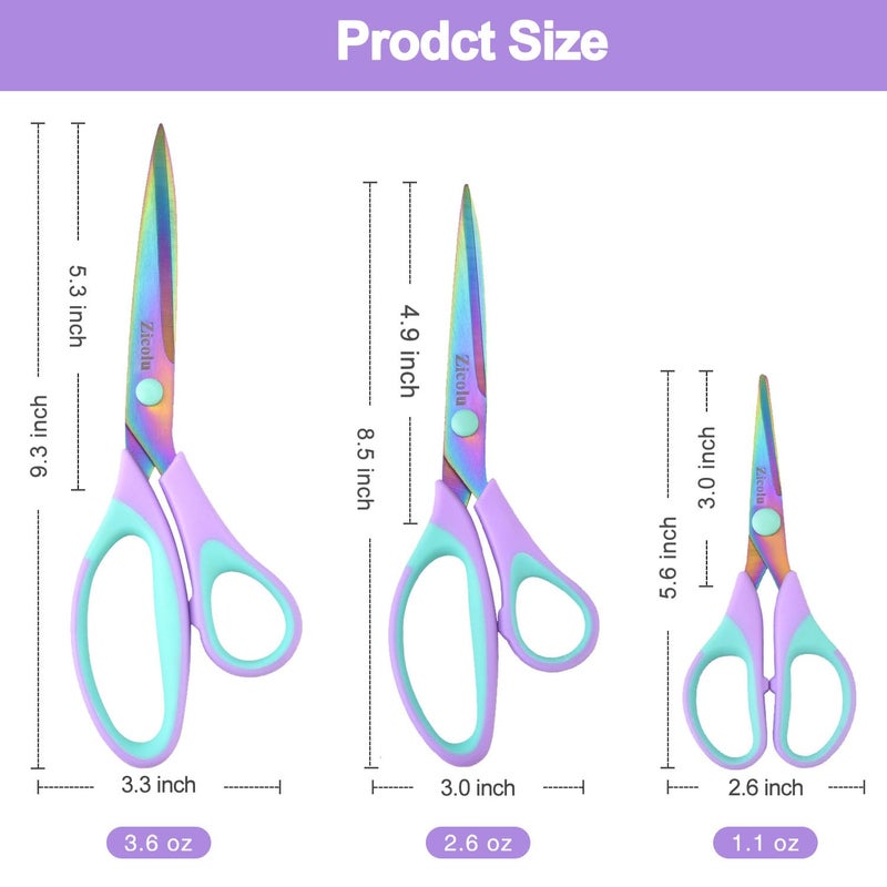Zicolu Craft Scissors Set of 3 pack, Sharp Rainbow Titanium Coating All Purpose Scissors, Ergonomic Semi-Soft Rubber Grip, Suitable for School, Office and Household Use, 9.2''/8.5''/5.6" - Image 4