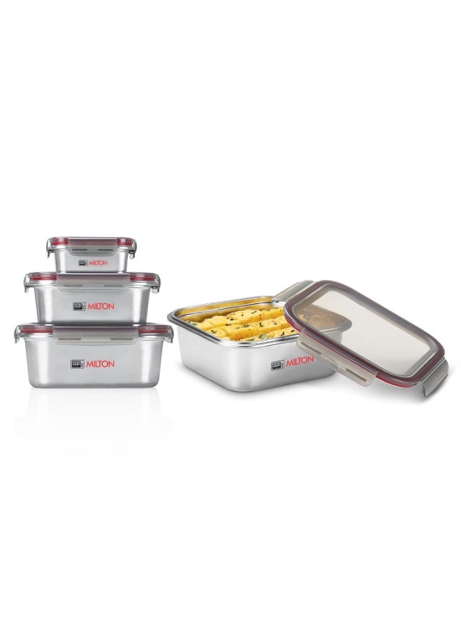 MILTON Modulo Steel Square Container with lock lid, Set of 4 (400,800,1440 & 2400 ml)|Airtight & Leakproof|Microwave & Oven safe| Light Weight | School, Office or Picnic use, Silver