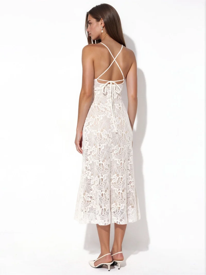 Hiccup Ivory Natural Halter Neck Lace Midi Dress for Women | Best Price UAE