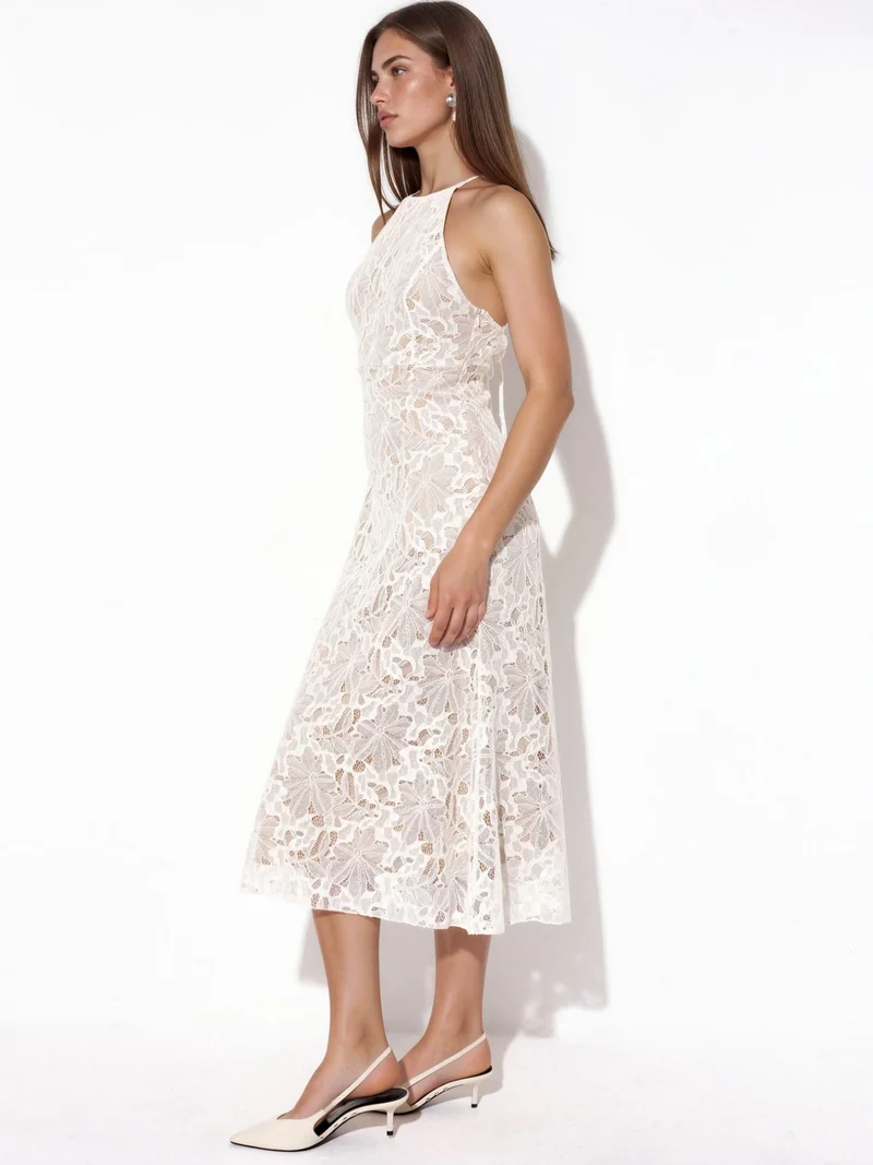 Hiccup Ivory Natural Halter Neck Lace Midi Dress for Women | Best Price UAE
