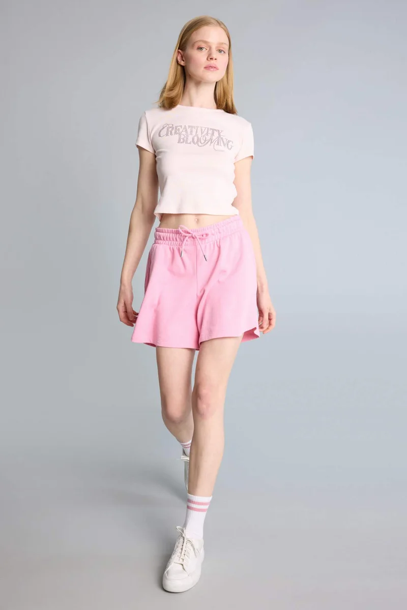 DeFacto Slim Fit Crew Neck Printed Ribana Short Sleeve T-Shirt