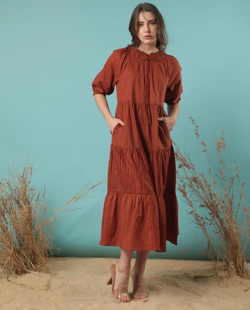 Rareism Women's Textured Elegance Tiered Dress With Dobby Patterns