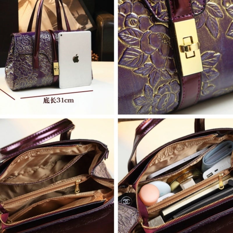 Boston Bag Fashion Middle-Aged Mother Bag Bright Leather Women'S Bag Atmospheric High-End Carved Crossbody Handbag - Image 4