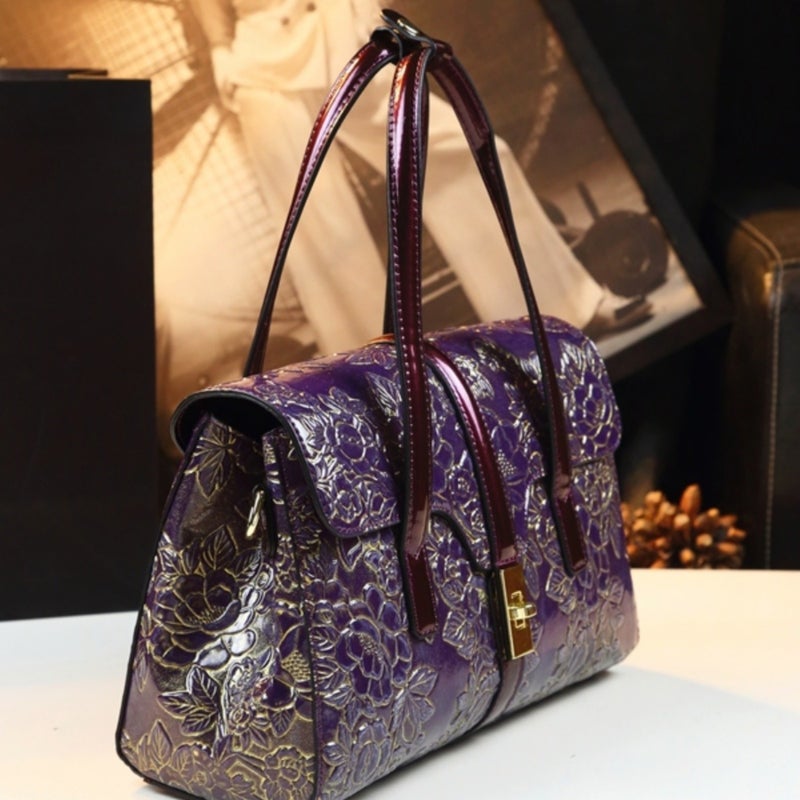 Boston Bag Fashion Middle-Aged Mother Bag Bright Leather Women'S Bag Atmospheric High-End Carved Crossbody Handbag - Image 3