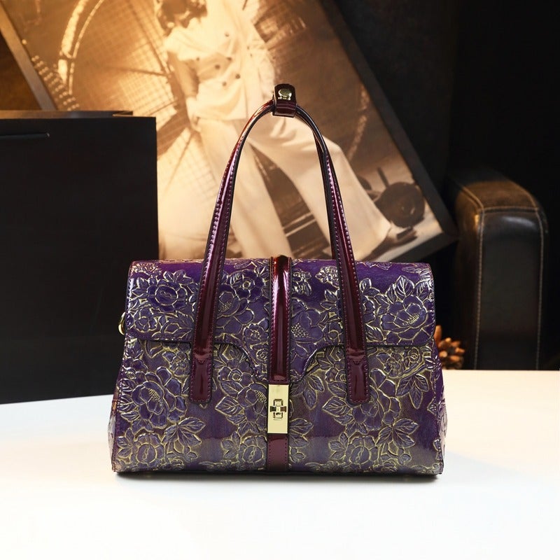 Boston Bag Fashion Middle-Aged Mother Bag Bright Leather Women'S Bag Atmospheric High-End Carved Crossbody Handbag - Image 1