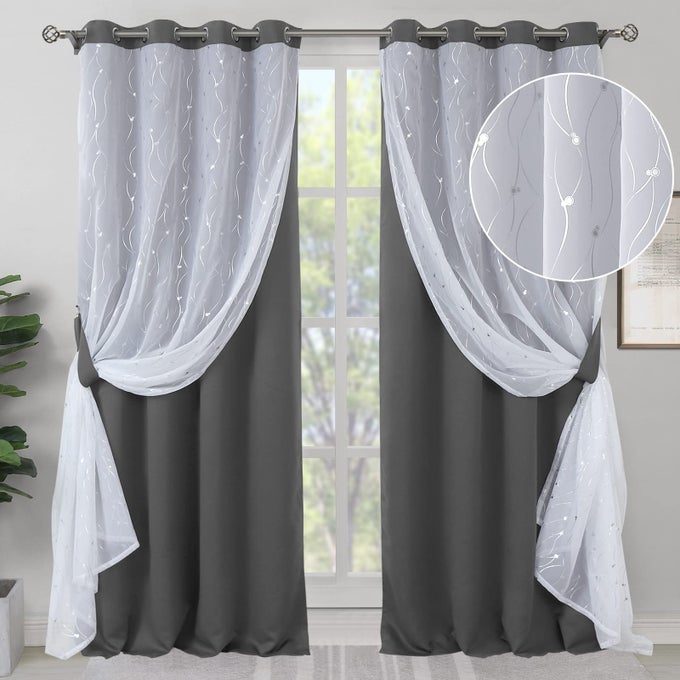 DARK GREY BLACKOUT CURTAINS WITH SHEER OVERLAY 84 INCHES LONGDOUBLE LAYER KIDS CURTAINS GROMMET THERMAL INSULATED SOUND PROOF SILVER PRINTED DRAPES FOR BEDROOM 2 WINDOW PANEL 52 X 84 INCH