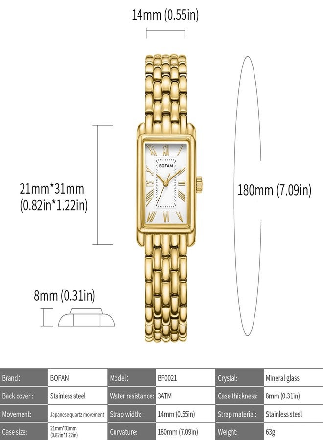 بوفان ساعات بوفان الذهبية للنساء بسوار عتيق، علبة مستطيلة، ميناء روماني، أداة تعديل متضمنة، مقاومة للماء - Image 4