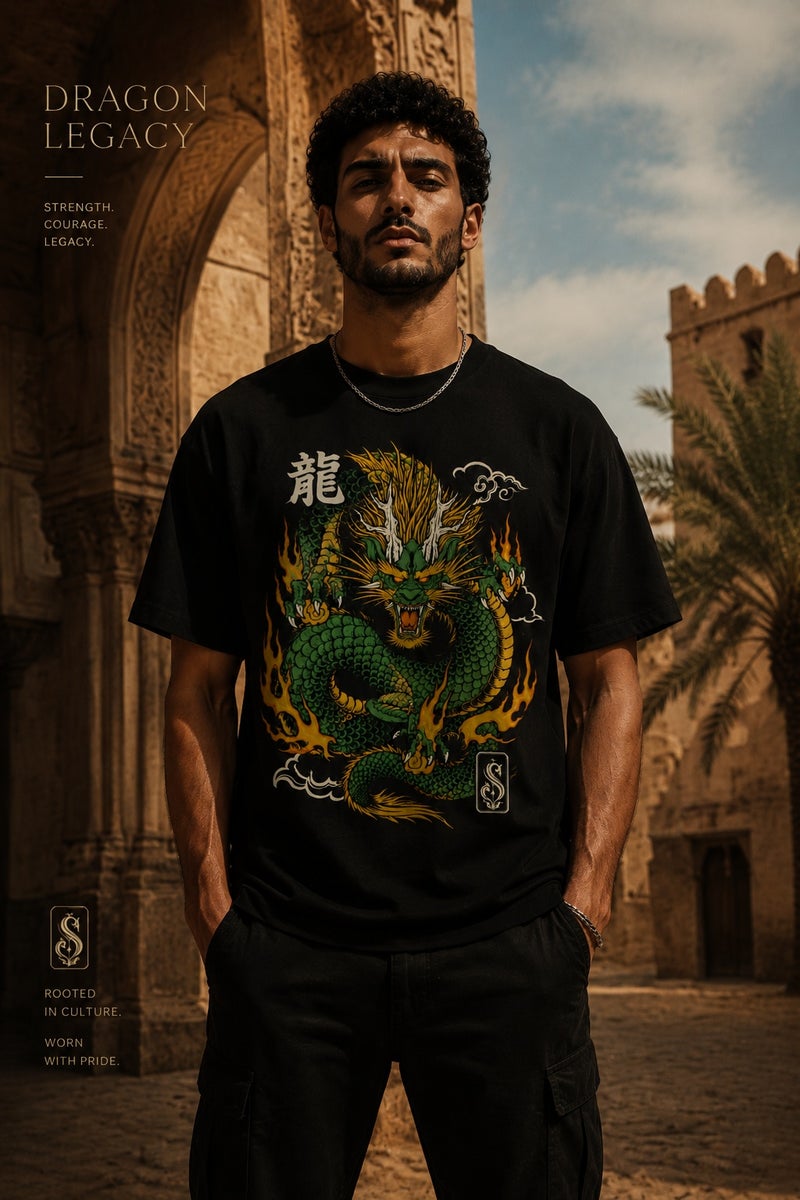 Men's Oversized Black Dragon Graphic T-Shirt Casual Short Sleeve Crew Neck Streetwear Tee - Image 2