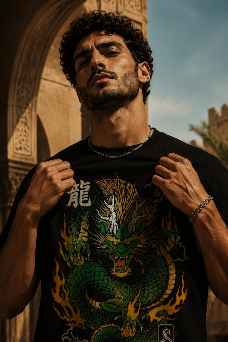 Men's Oversized Black Dragon Graphic T-Shirt Casual Short Sleeve Crew Neck Streetwear Tee - Image 1