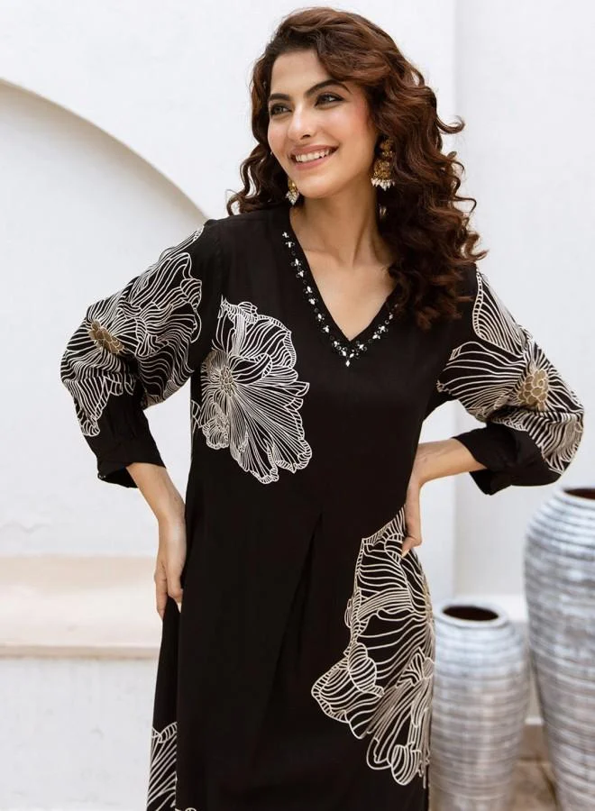 Women'S Black Rayon Embroidered Tunic Full Length Palazzo Straight Fit Kurta Set