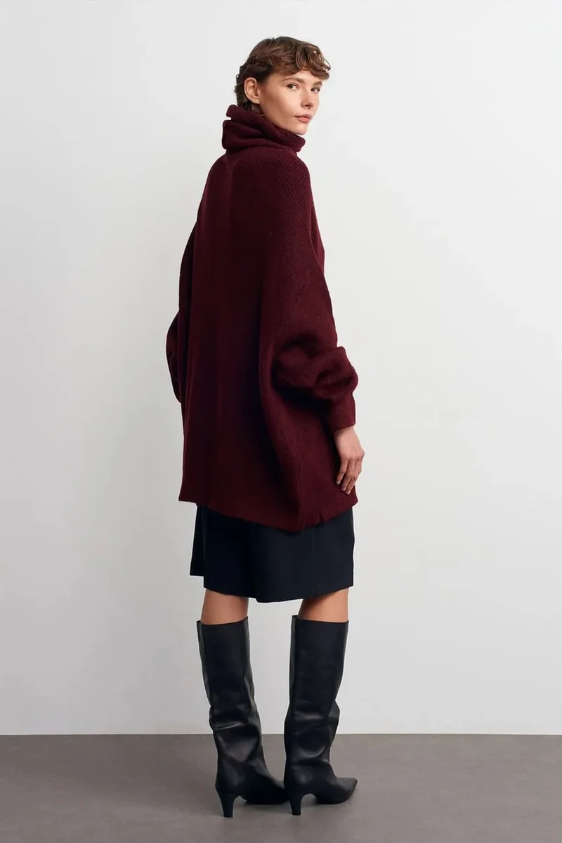 Dilvin Burgundy Red DILVIN Oversized Ribbed Turtleneck Sweater for Women | Best Price UAE
