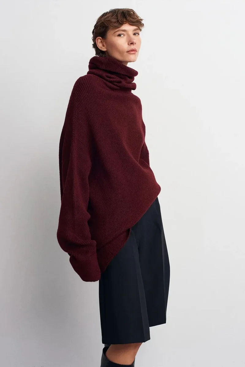 Dilvin Burgundy Red DILVIN Oversized Ribbed Turtleneck Sweater for Women | Best Price UAE