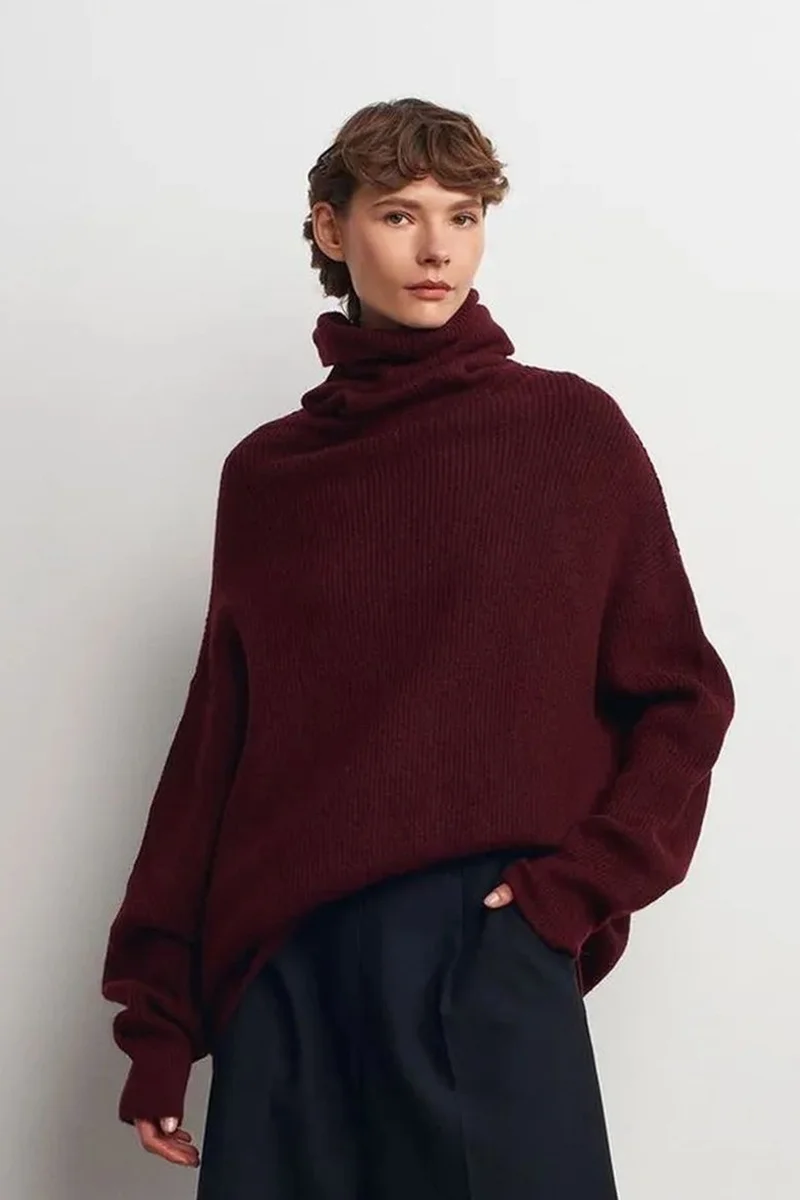 Dilvin Burgundy Red DILVIN Oversized Ribbed Turtleneck Sweater for Women | Best Price UAE