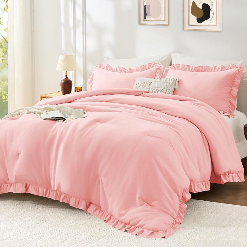 FUANNA Pink Queen Comforter Set, 3 Pieces Ruffle Queen Bed Set, Fluffy Bed in a Bag Queen for All Seasons, Shabby Chic Bedding Comforter Sets with 1 Lightweight Comforter & 2 Pillowshams - Image 1