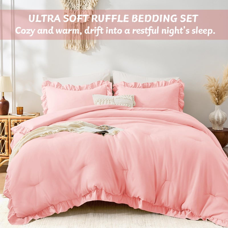 FUANNA Pink Queen Comforter Set, 3 Pieces Ruffle Queen Bed Set, Fluffy Bed in a Bag Queen for All Seasons, Shabby Chic Bedding Comforter Sets with 1 Lightweight Comforter & 2 Pillowshams - Image 5