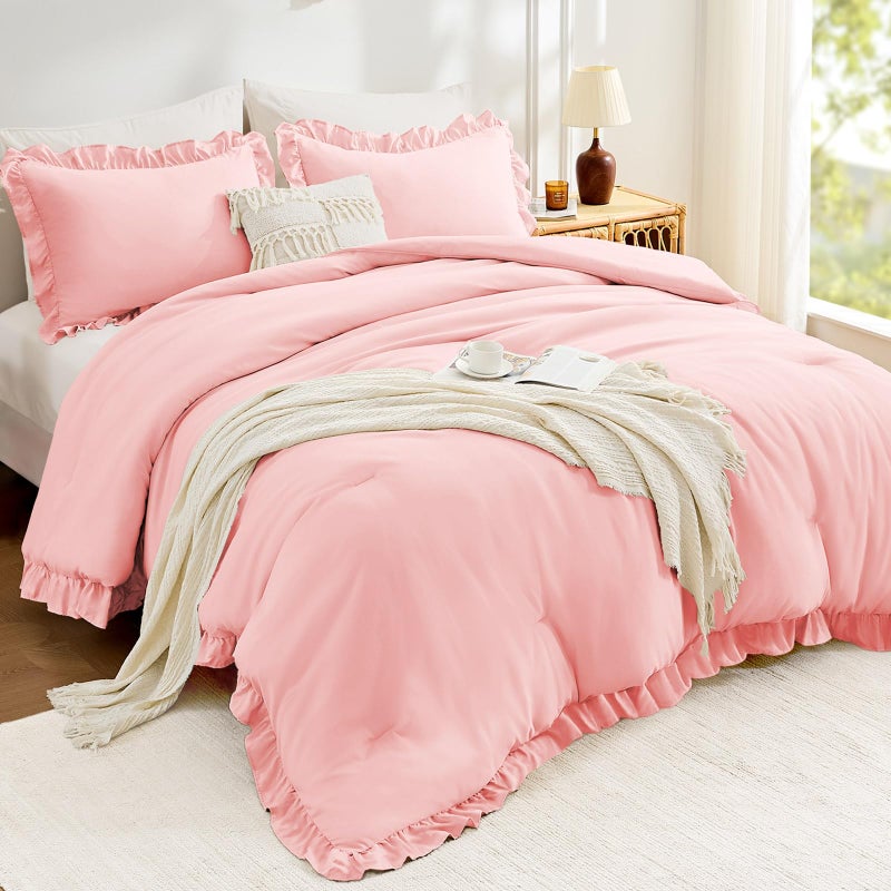 FUANNA Pink Queen Comforter Set, 3 Pieces Ruffle Queen Bed Set, Fluffy Bed in a Bag Queen for All Seasons, Shabby Chic Bedding Comforter Sets with 1 Lightweight Comforter & 2 Pillowshams - Image 2