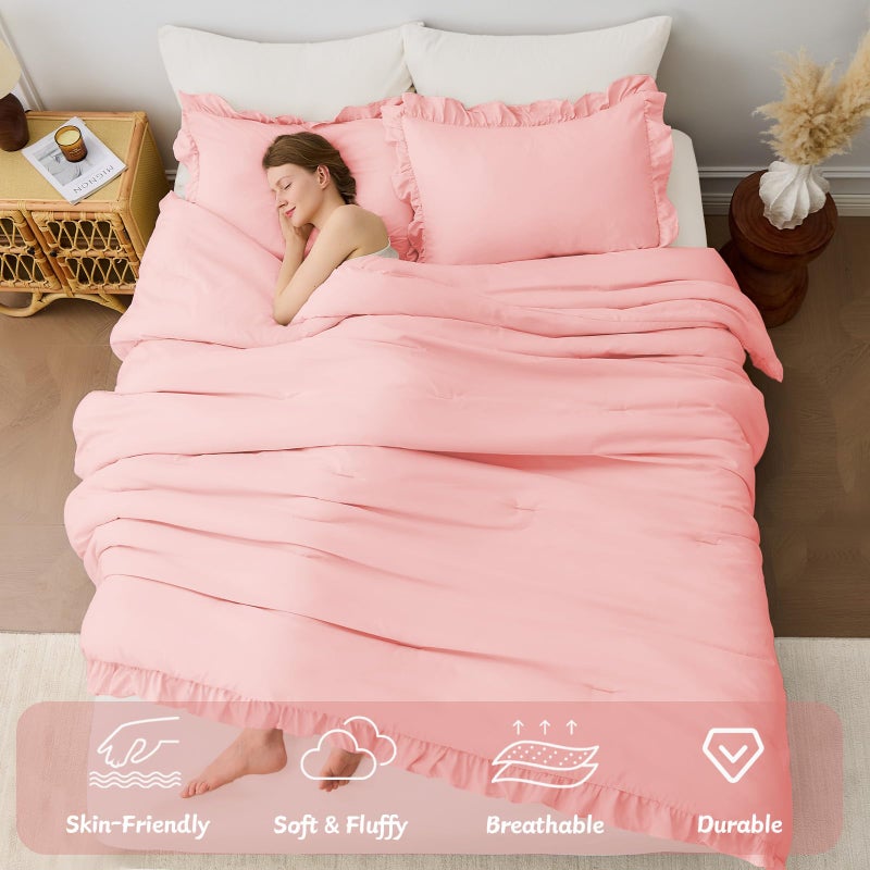 FUANNA Pink Queen Comforter Set, 3 Pieces Ruffle Queen Bed Set, Fluffy Bed in a Bag Queen for All Seasons, Shabby Chic Bedding Comforter Sets with 1 Lightweight Comforter & 2 Pillowshams - Image 4