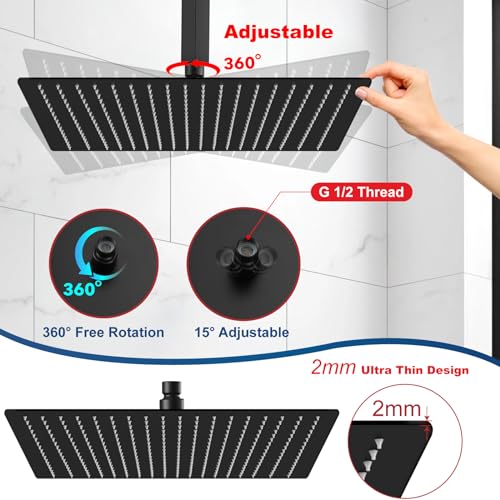 Midanya Rain Shower Head, Stainless Steel Large Rainfall Shower Head High Pressure, Bathroom Waterfall Square Showerhead, Ceiling or Wall Mount, Matte Black 16 Inch - Image 5