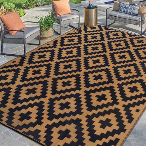 SAND MINE SAND MINE Reversible Mats Plastic Straw Rug Modern Area Rug Large Floor Mat and Rug for Outdoors RV Patio Backyard Deck Picnic Beach Trailer Camping Black  Brown 9 x 12 