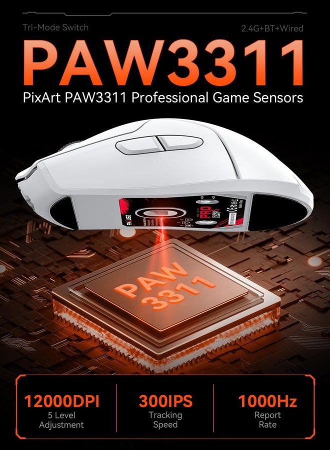 FMOUSE فأرة ألعاب لاسلكية بيضاء، ثلاثية الوضع (2.4G/Bluetooth/Wired)، مستشعر PAW3311، 12,000 DPI، 1,000Hz، 6 أزرار قابلة للبرمجة، قابلة للشحن عبر USB C، فأرات بصرية مريحة للاعبين لأجهزة الكمبيوتر/اللاب توب/ماك - Image 2