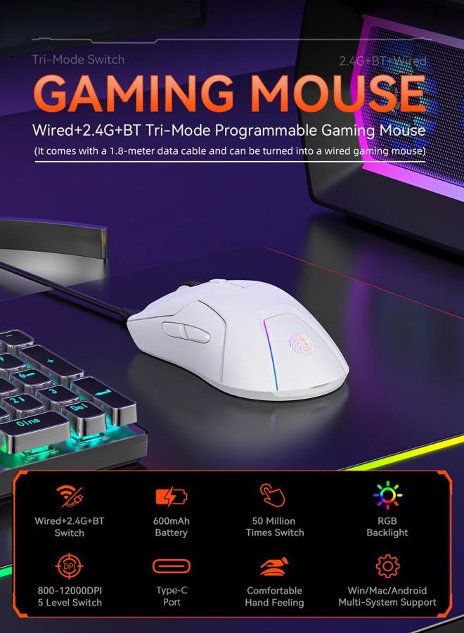 FMOUSE فأرة ألعاب لاسلكية بيضاء، ثلاثية الوضع (2.4G/Bluetooth/Wired)، مستشعر PAW3311، 12,000 DPI، 1,000Hz، 6 أزرار قابلة للبرمجة، قابلة للشحن عبر USB C، فأرات بصرية مريحة للاعبين لأجهزة الكمبيوتر/اللاب توب/ماك - Image 5