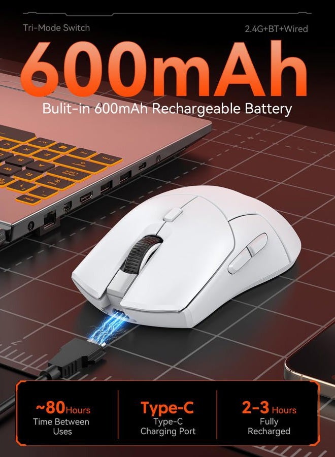 FMOUSE فأرة ألعاب لاسلكية بيضاء، ثلاثية الوضع (2.4G/Bluetooth/Wired)، مستشعر PAW3311، 12,000 DPI، 1,000Hz، 6 أزرار قابلة للبرمجة، قابلة للشحن عبر USB C، فأرات بصرية مريحة للاعبين لأجهزة الكمبيوتر/اللاب توب/ماك - Image 3