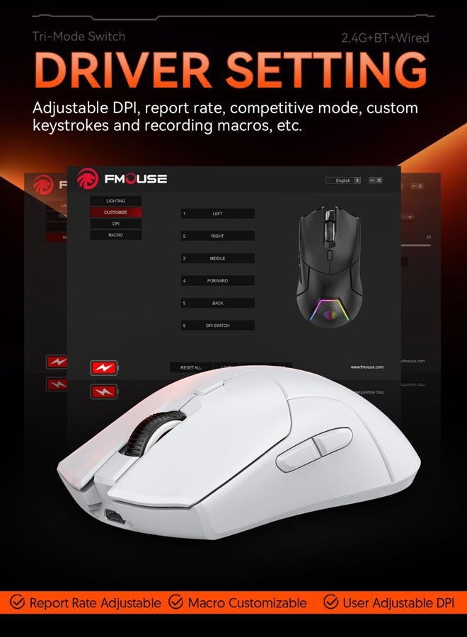 FMOUSE فأرة ألعاب لاسلكية بيضاء، ثلاثية الوضع (2.4G/Bluetooth/Wired)، مستشعر PAW3311، 12,000 DPI، 1,000Hz، 6 أزرار قابلة للبرمجة، قابلة للشحن عبر USB C، فأرات بصرية مريحة للاعبين لأجهزة الكمبيوتر/اللاب توب/ماك - Image 4