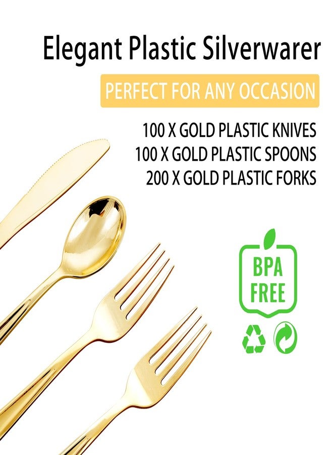 NOCCUR 400PCS Gold Silverware Disposable - Gold Plastic Silverware - Gold Plastic Cutlery Include 200 Forks, 100 Spoons, 100 Knives, Gold Disposable Silverware Perfect for Party&Daily Using - Image 3