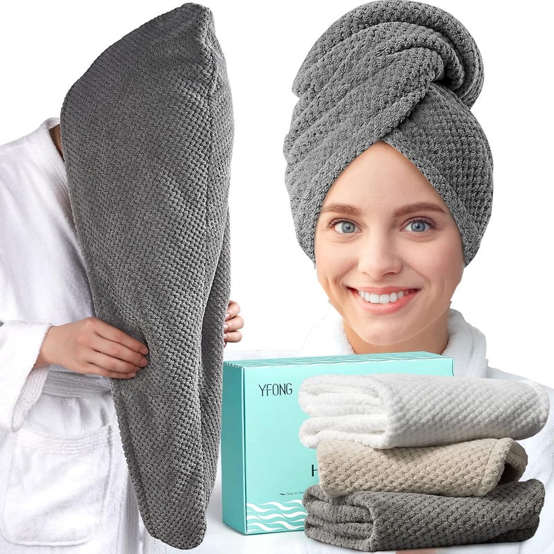 YFONG 3 Pack Large Microfiber Hair Towel Wrap 30 x 10 Anti Frizz Quick Dry Hair Towels for Women Long Curly Thick Hair Super Absorbent Hair Turban for Wet Hair Grey White Camel
