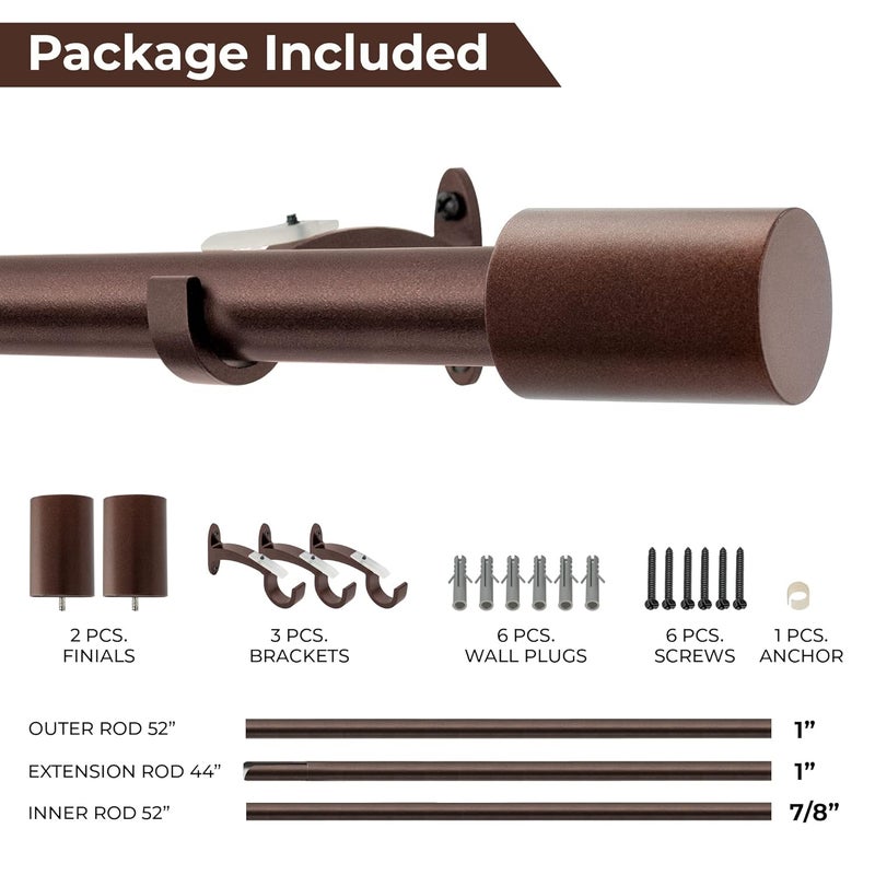 Deco Window Extendable Curtain Rod for Door Windows Adjustable Length Heavy Duty Iron Telescopic Drapery Pole with Barrel Finials 1 Diameter 52144 Brown - Image 5