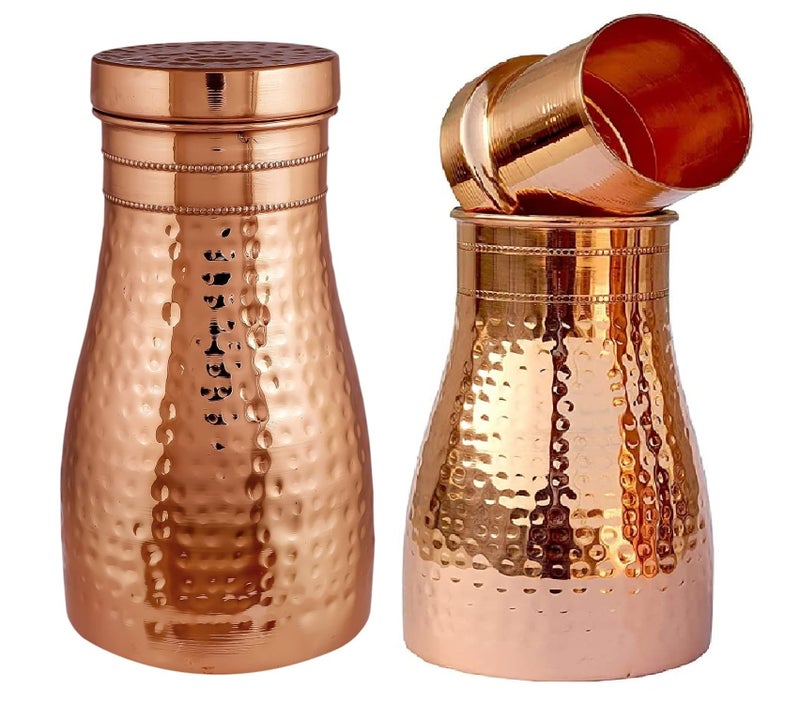Adoko Pure Copper & Joint Free Modern & Stylish Bedside Bedroom Copper Bottle Jar with Glass/Tumbler Lid | Capacity 1 Litre, 2Pcs - Image 1