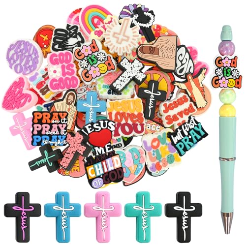 XHAOYEAHX 50PCS Jesus Focal Beads for pens, Not Duplicated Silicone Focal Beads for DIY Beadable Pen Keychain Bracelet Lanyard Making - Image 1
