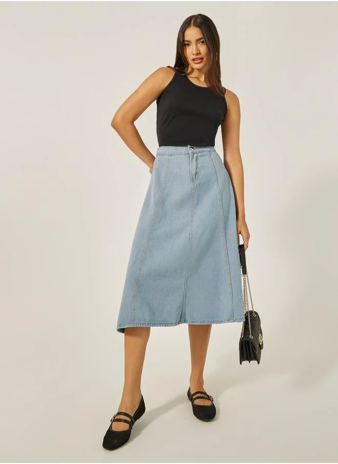 Styli Mid Rise A-Line Midi Denim Skirt