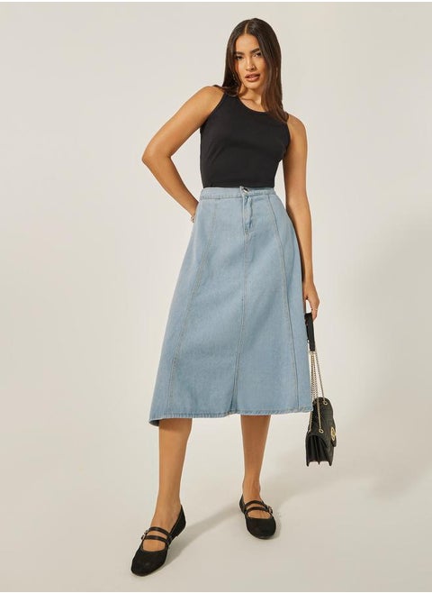 Mid Rise A-Line Midi Denim Skirt