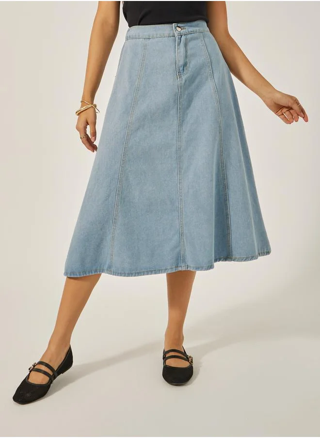 Styli Mid Rise A-Line Midi Denim Skirt