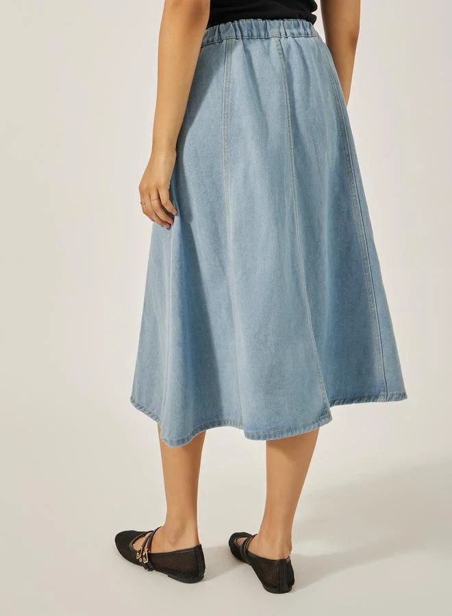 Styli Mid Rise A-Line Midi Denim Skirt