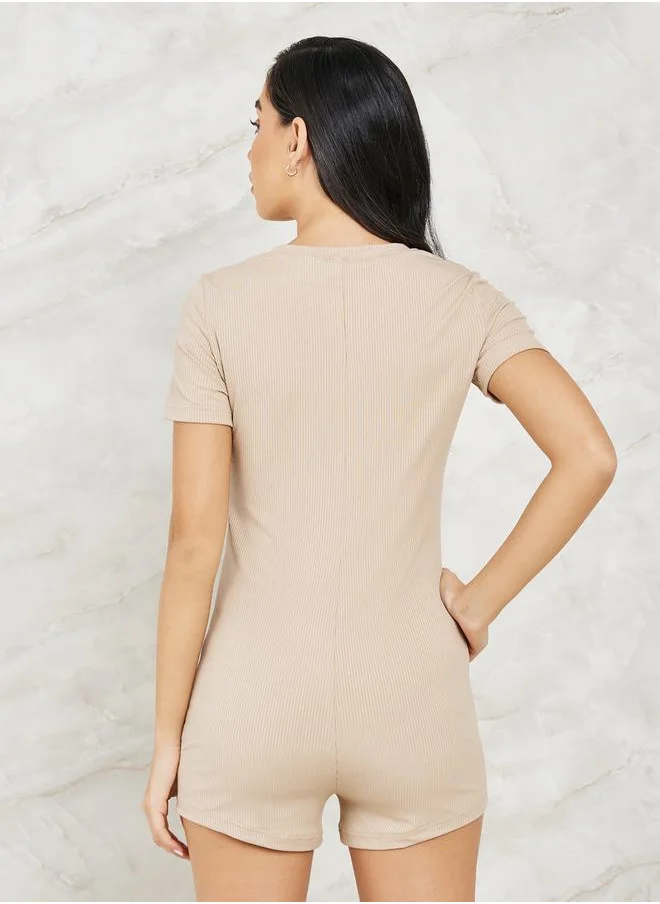 ستايلي Rib V Neck Placket Lounge Romper