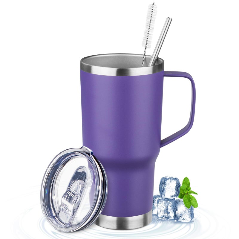 FristChoice 20oz Insulated Tumbler with Handle Stainless Steel Travel Coffee Mug with Lid and Straw Double Wall Vacuum Leak-proof Reusable Thermal Water Cup for Hot and Cold Drinks (Purple,1 Pack) - Image 1
