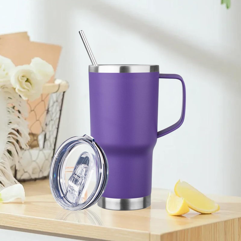 FristChoice 20oz Insulated Tumbler with Handle Stainless Steel Travel Coffee Mug with Lid and Straw Double Wall Vacuum Leak-proof Reusable Thermal Water Cup for Hot and Cold Drinks (Purple,1 Pack) - Image 2