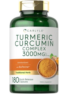 Carlyle Turmeric Curcumin with Black Pepper | 3000mg 180 Capsules | Curcuminoids and Bioperine Supplement | Non-GMO, Gluten Free